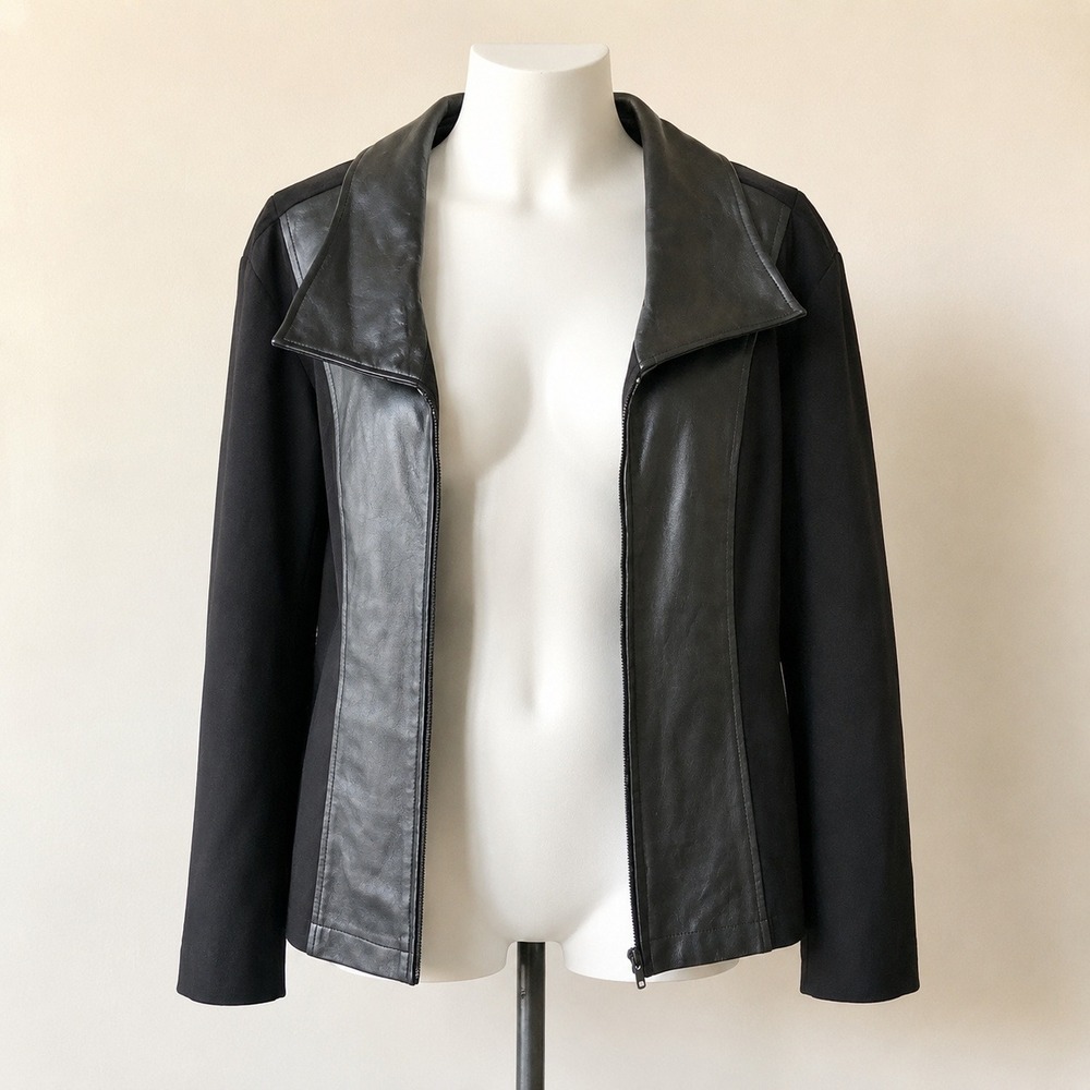 Apart Impressions Jacket Size 16 Black Leather Trim Zip Front Jacket Women